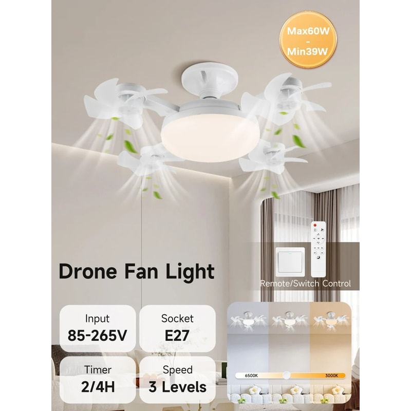 Modern MultiHead LED Ceiling Fan 3Speed Silent Remote Control Light Fixture 8