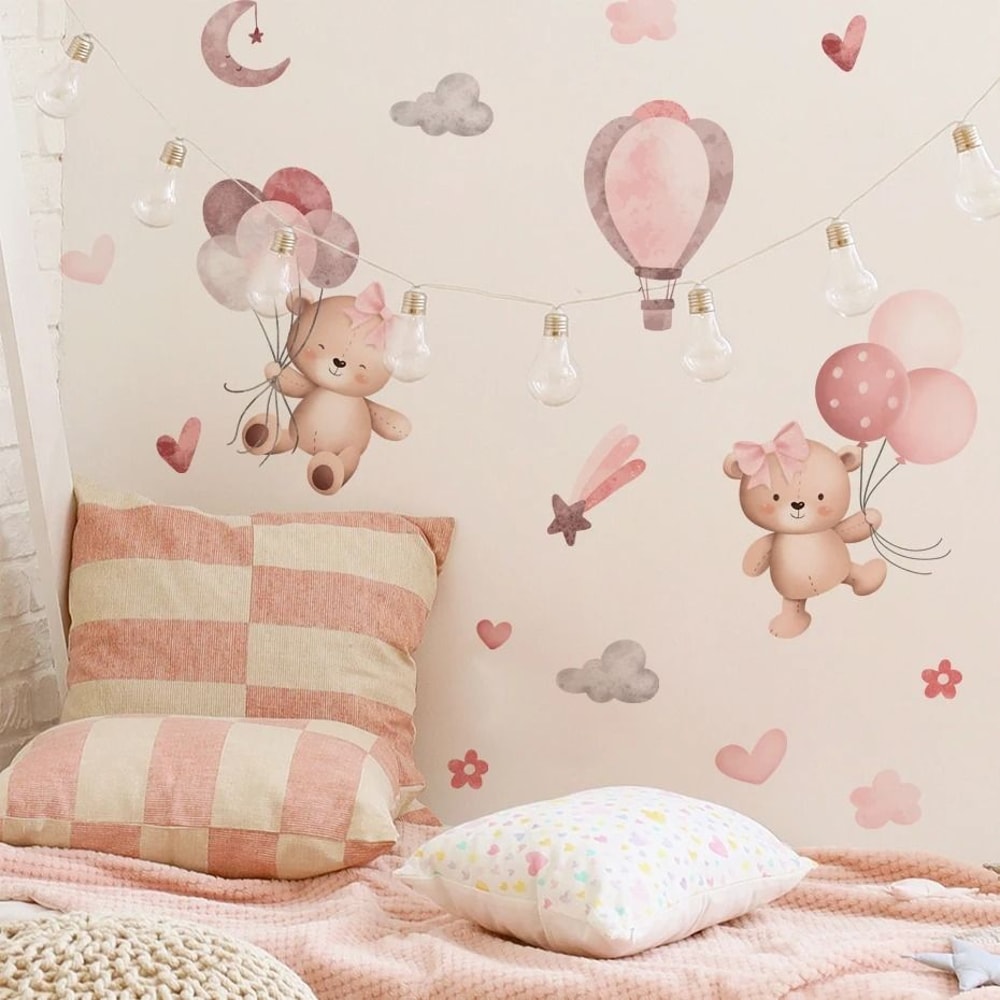 Pink Cartoon Bear Balloon Wall Stickers Nursery Kids Room Decor 1