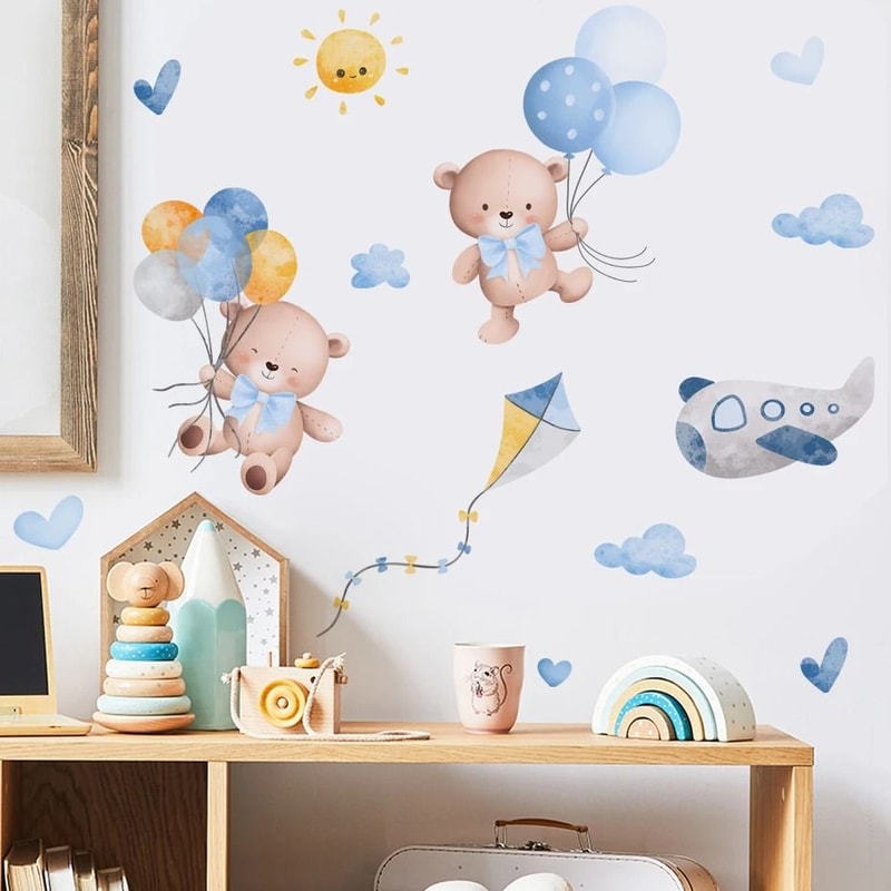 Pink Cartoon Bear Balloon Wall Stickers Nursery Kids Room Decor 4
