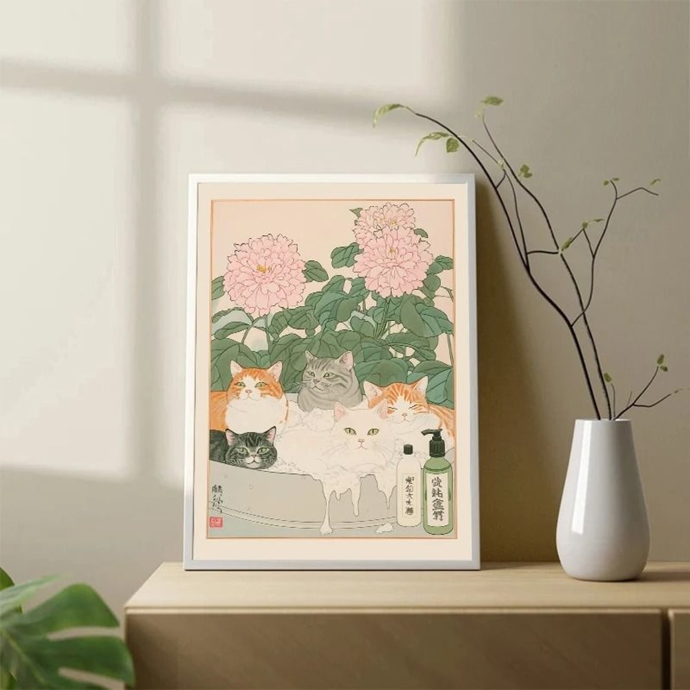 Japanese Tabby Cat In Bathtub Retro Aesthetic Japandi Canvas Art 1