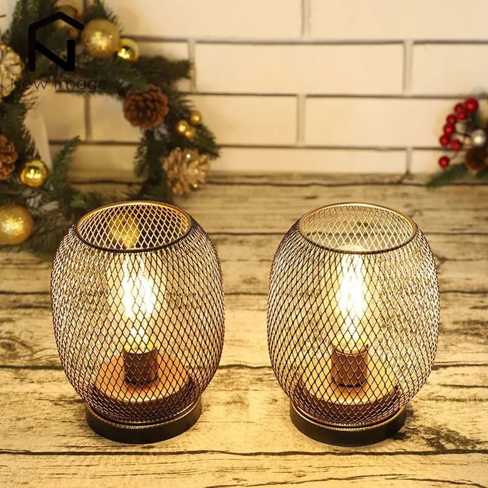 Metal Cage Table Lamp Cordless Round LED Lantern 5