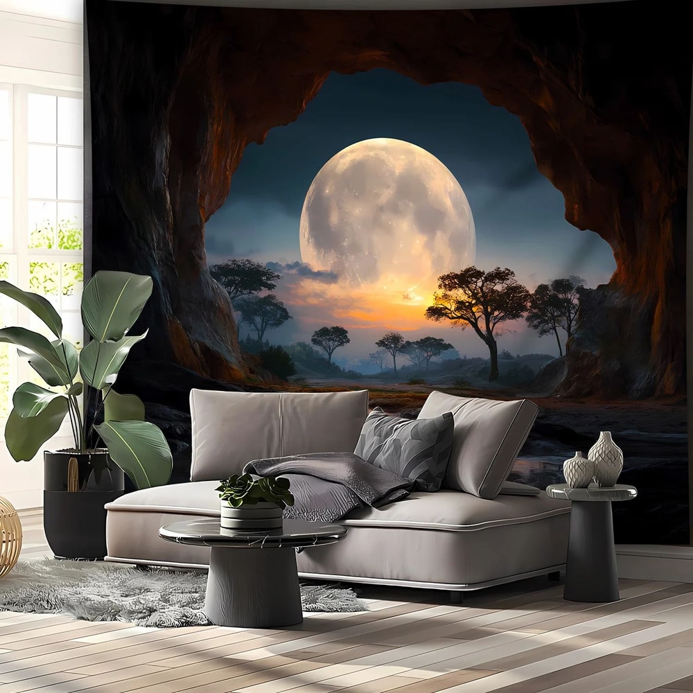 Tranquil Cave Forest Moon Scenery Tapestry Dreamy Nature Landscape Wall Art For Home Decor 0
