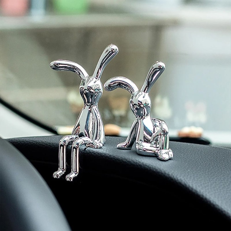 LongEared Rabbit Couple Figurine Whimsical Double Statue For Living Room Car Decor 2