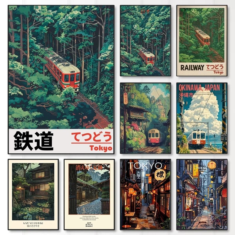 Retro Japanese Railway Landscape Canvas Print Tokyo Rainy Night Street Art For Modern Home Decor 0