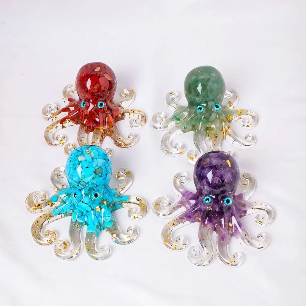 Natural Crystal Gravel Octopus Statue Reiki Resin Stone Garden Ornament For Office Home Decor 3