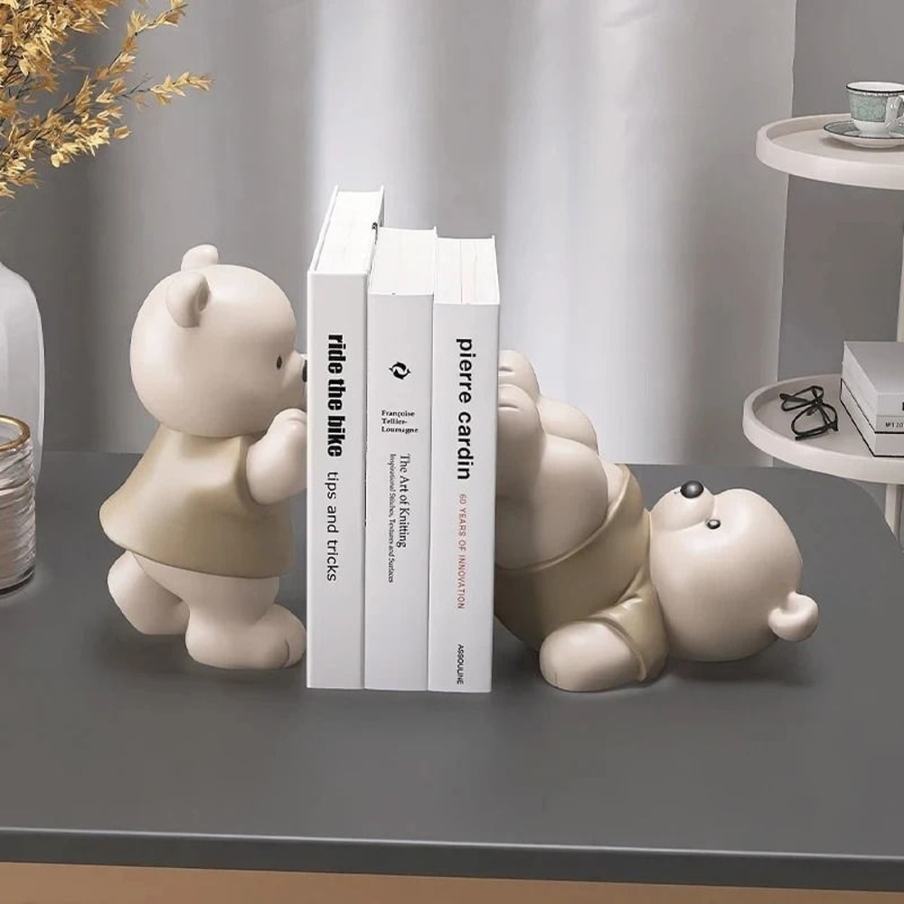 Cream Style Bear Bookend Figurine Cute Minimalist Home Decor For Living Rooms Hallways Bookcases 0