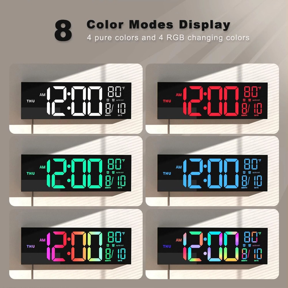 Large Digital LED Wall Clock 8Color RGB Display With Remote Temperature DST For Home Kitchen 2