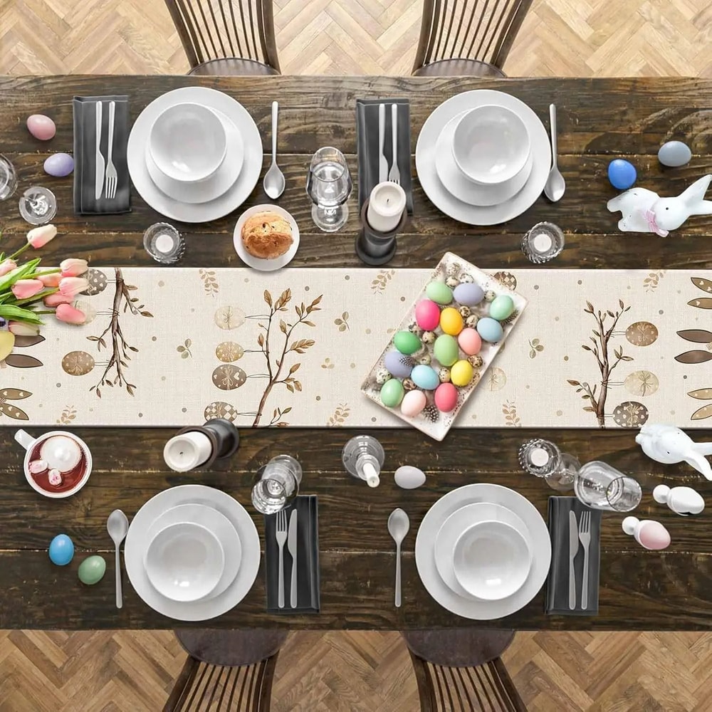 Spring Easter Bunny Linen Table Runner Festive Easter Egg Rabbit Farmhouse Decor For Dining Holi 5