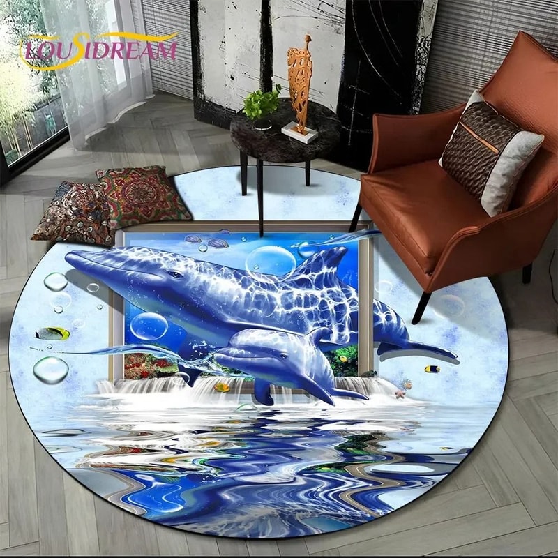 3D Seabed Illusion Dolphin Rug Underwater World Round Area Carpet For Living Room Bedroom Playroo 12