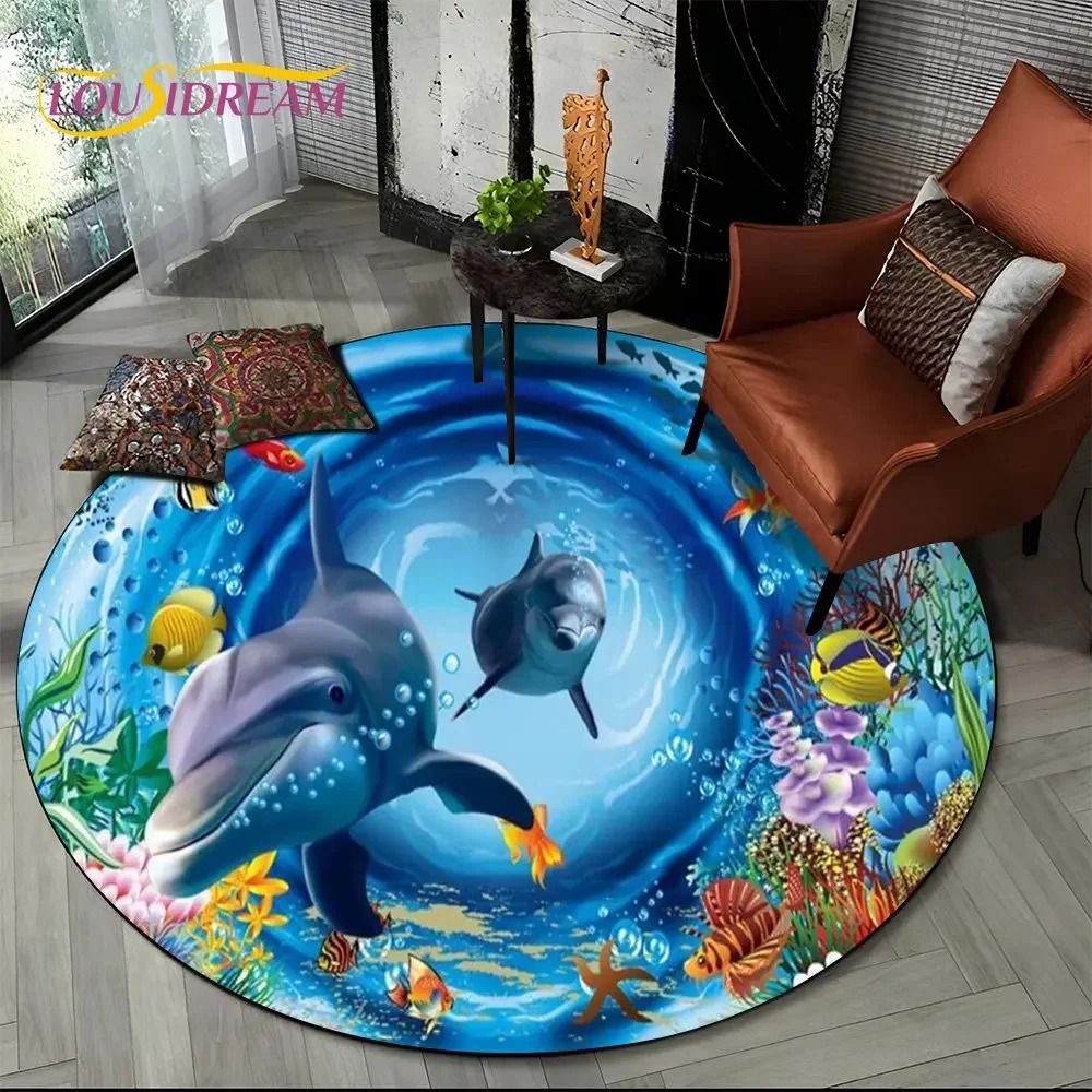 3D Seabed Illusion Dolphin Rug Underwater World Round Area Carpet For Living Room Bedroom Playroo 18