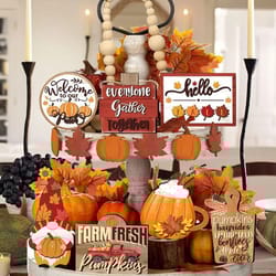 fall harvest wooden tiered tray decor set – farmhouse autumn centerpieces with pumpkin spice & maple leaf accents
