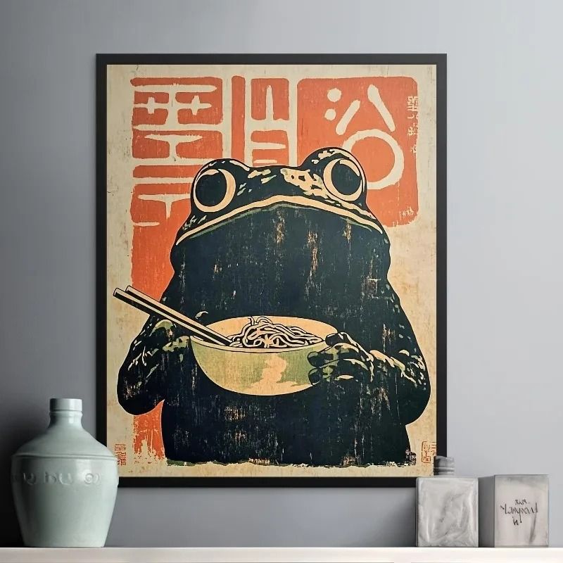 Retro Japanese Ramen Frog Canvas Art Deco Frameless Print For Modern Wall Decoration 2