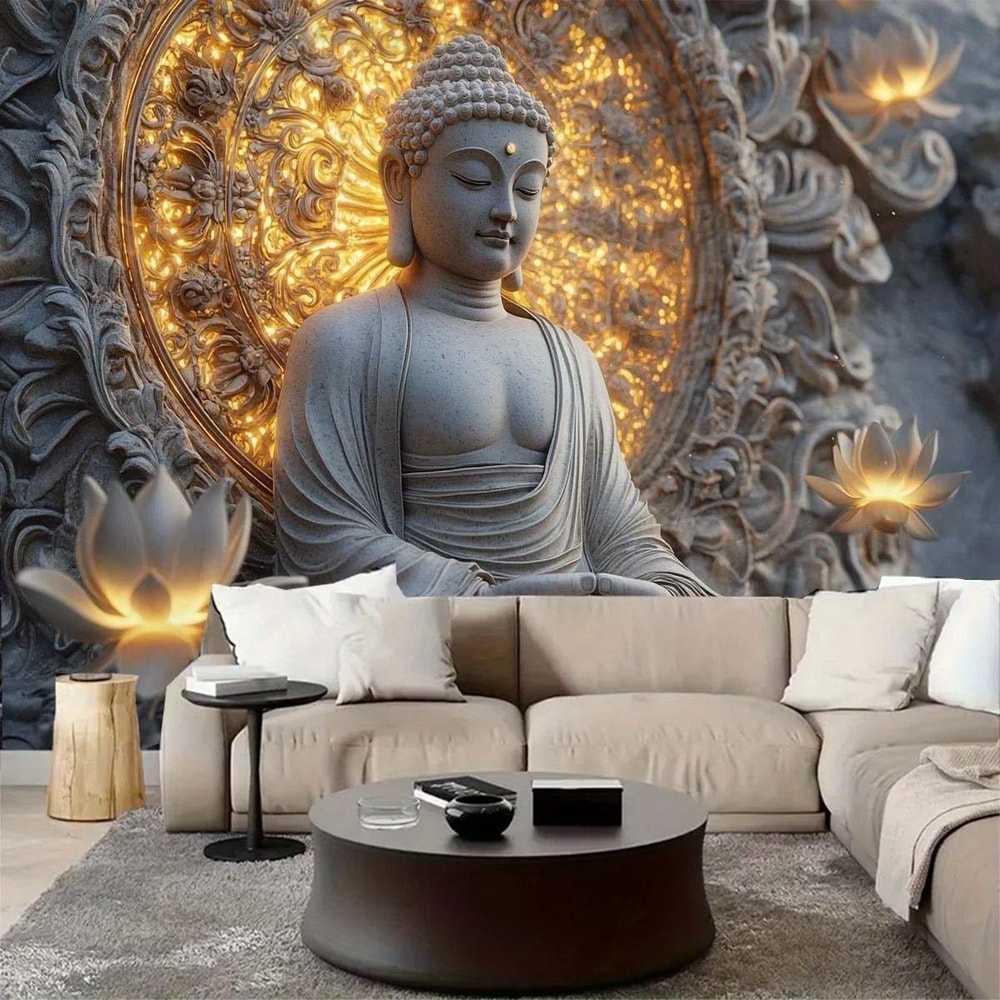 Giant Spiritual Buddha Lotus Tapestry Peach Light Beige Wall Hanging For Living Room Bedroom Zen 2