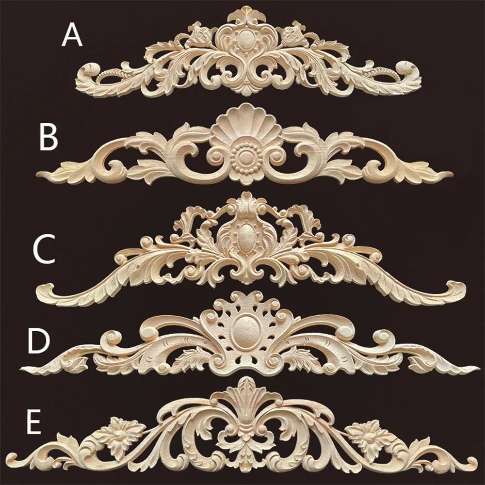 Natural Wood Appliques Decorative Onlays Handcrafted Long Flower Woodcarving For Furniture Walls 0