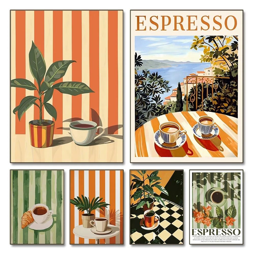 Retro Coffee Warm Stripes Poster Minimalist Food Beverage Kitchen Wall Art Restaurant Print For 0