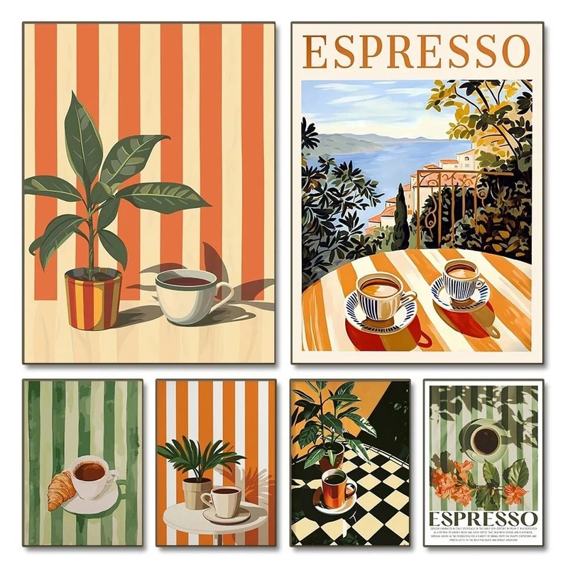 Retro Coffee Warm Stripes Poster Minimalist Food Beverage Kitchen Wall Art Restaurant Print For 0