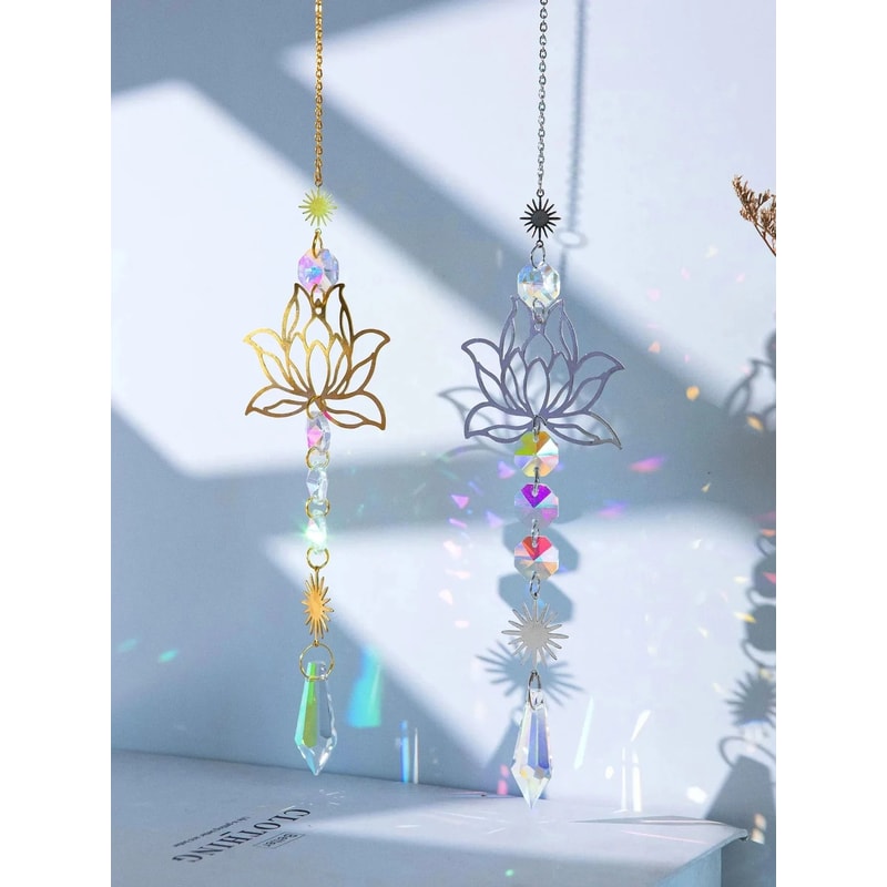 Metal Lotus And Artificial Crystal Suncatcher Charm Handmade Home Wind Chime Pendant For Outdoor G 5