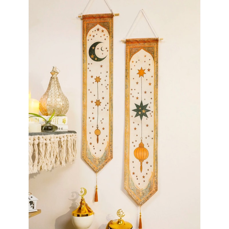 Islamic Ramadan Wall Banner Moon Star Lantern Tapestry For Eid Mubarak Muslim Festival Home Deco 0