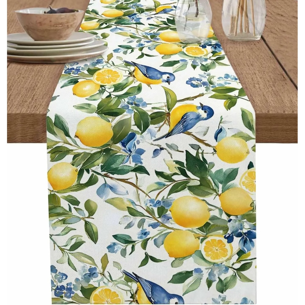 Lemon Tree Blue Birds Linen Table Runner Vintage Watercolor Floral Decor For Holiday Parties Dre 0