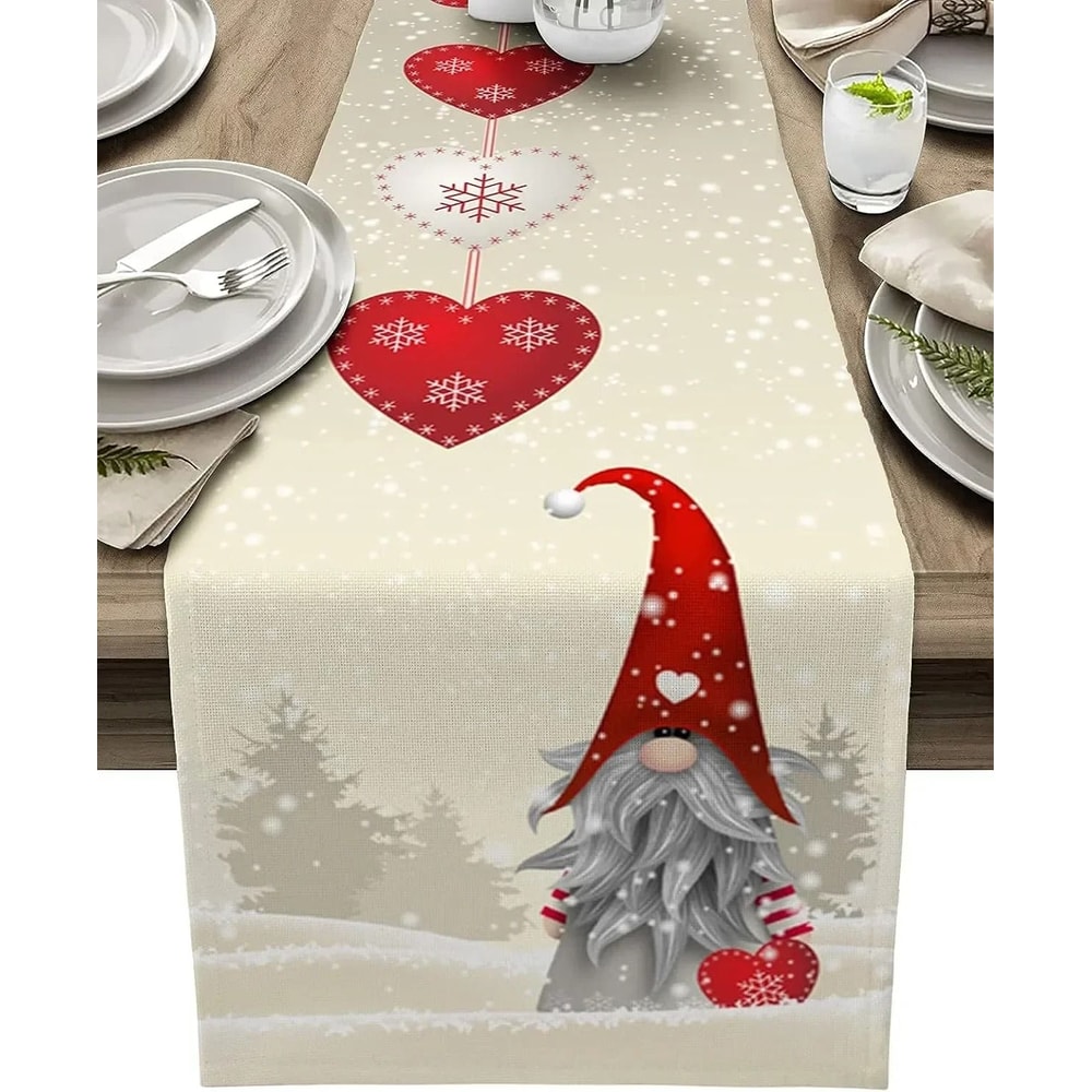 Christmas Gnome Snowflake Linen Table Runner Festive Love Heart Decor For Holiday Parties Dining 0