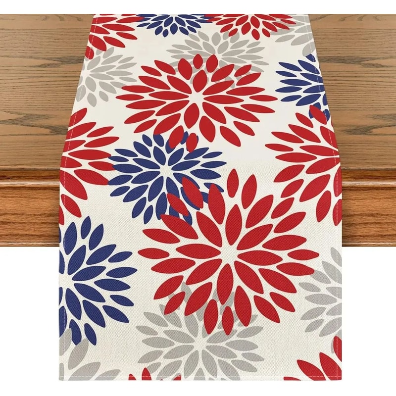 Blue Dahlia Floral Summer Linen Table Runner Seasonal Spring Dresser Scarf Wedding Party Dining D 5