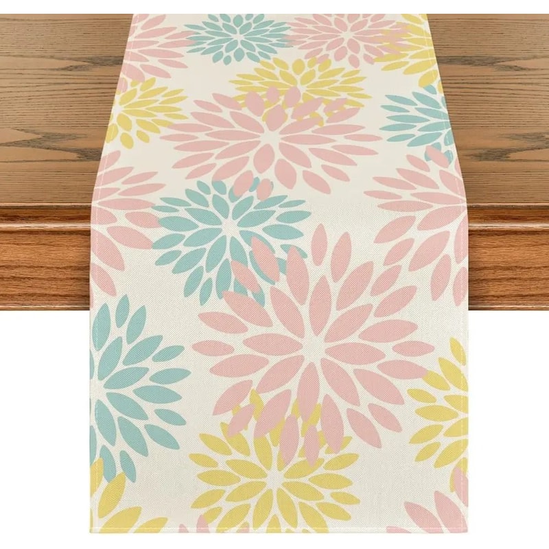 Blue Dahlia Floral Summer Linen Table Runner Seasonal Spring Dresser Scarf Wedding Party Dining D 11