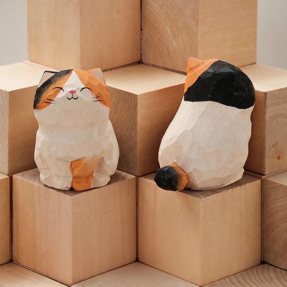 Handcrafted Wood Carving Kitten Statue Cute Cat Figurine For Desk Home Decor Car Dashboard 11