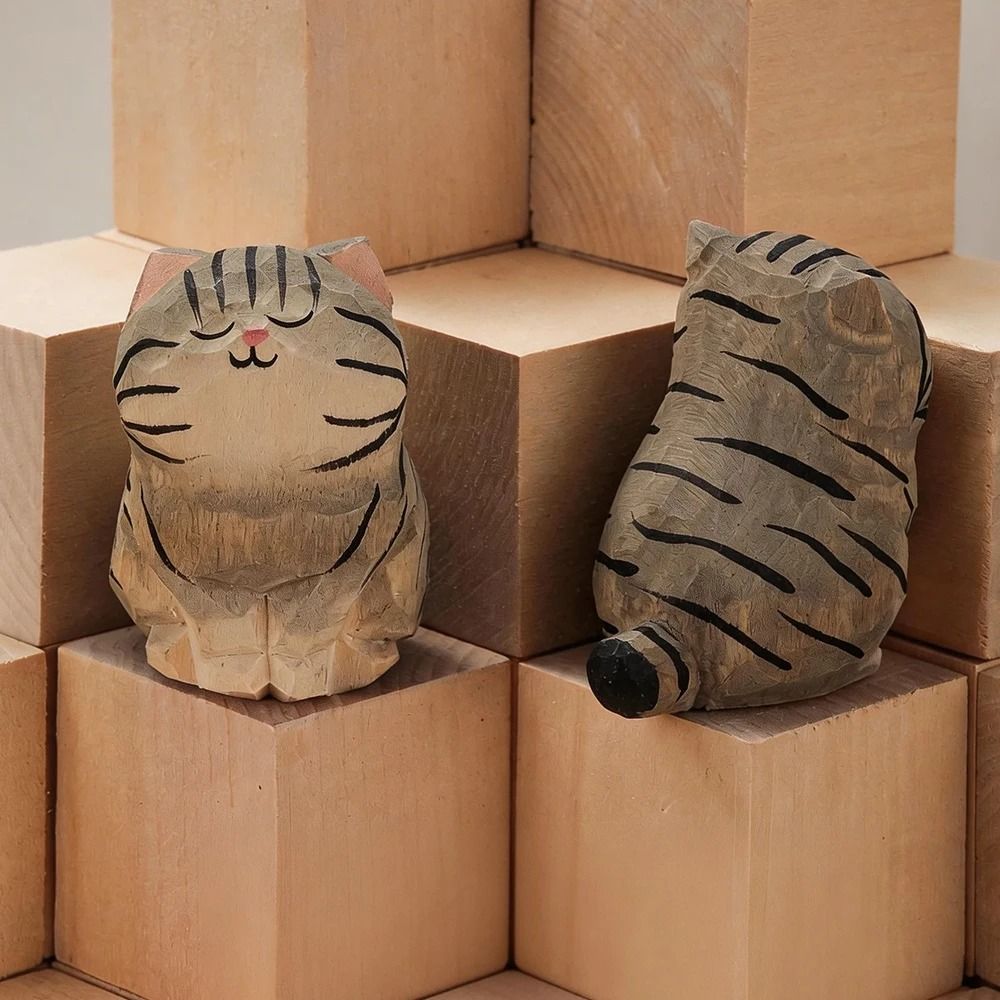 Handcrafted Wood Carving Kitten Statue Cute Cat Figurine For Desk Home Decor Car Dashboard 12