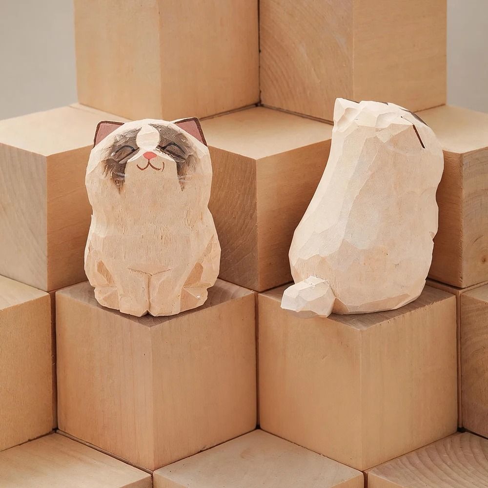 Handcrafted Wood Carving Kitten Statue Cute Cat Figurine For Desk Home Decor Car Dashboard 14