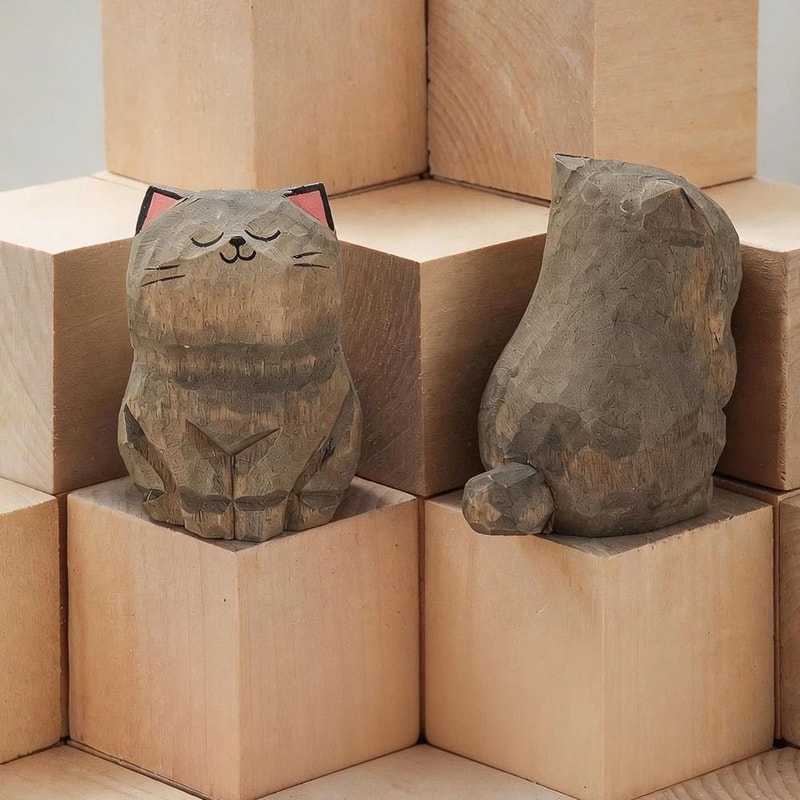 Handcrafted Wood Carving Kitten Statue Cute Cat Figurine For Desk Home Decor Car Dashboard 7