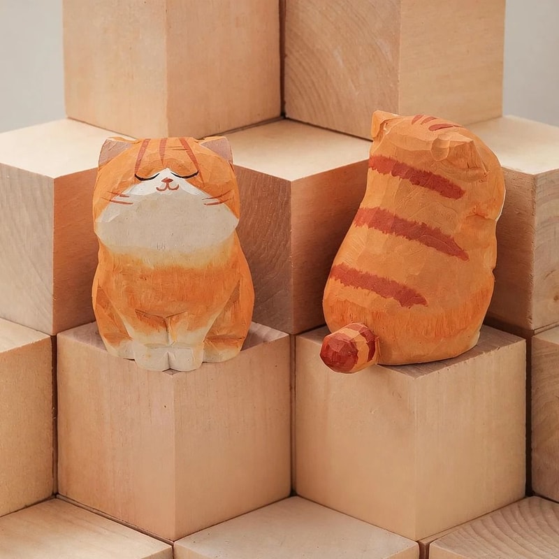 Handcrafted Wood Carving Kitten Statue Cute Cat Figurine For Desk Home Decor Car Dashboard 8