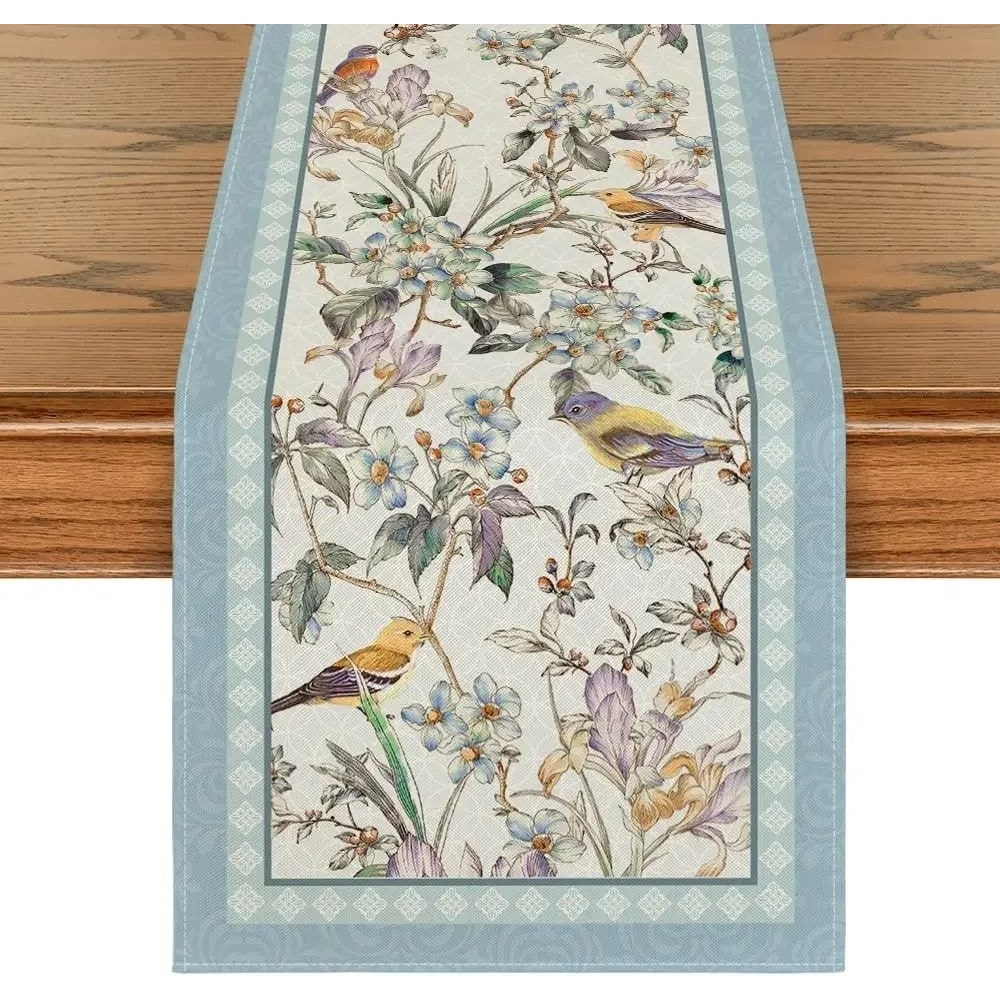 Blue Birds Floral Blossom Linen Table Runner Durable Kitchen Dining Decor Wedding Party Table Ru 0