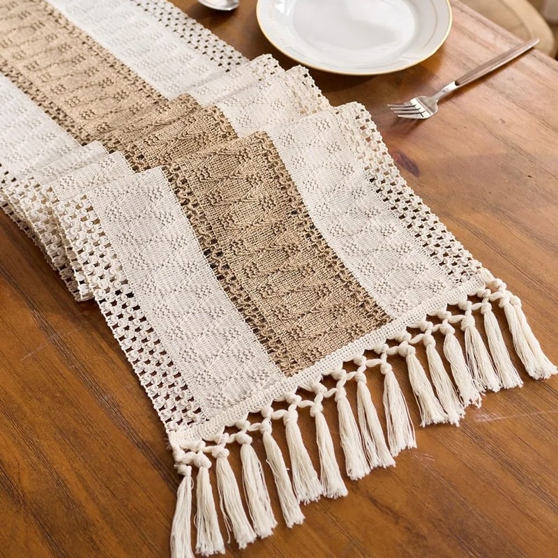 Boho Macrame Table Runner Cream Brown Farmhouse Decor With Tassels For Bohemian Dining Bedroom 2