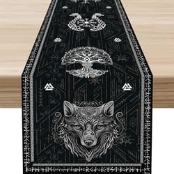 norse viking raven & tree of life linen table runner – mythology themed holiday party decor & kitchen dining runner