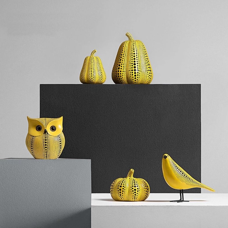 Yellow Wave Point Art Animal Figurines Funny Owl Pumpkin Bird Statues For Modern Home Desktop De 1