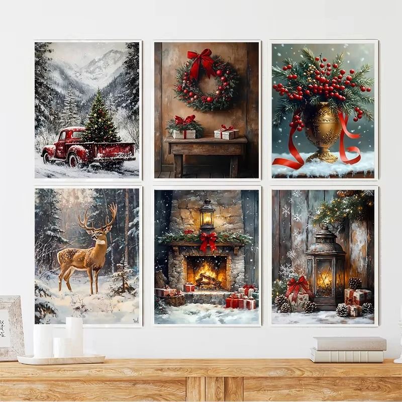 Vintage Red Truck Nordic Winter Snow Canvas Art Rustic Christmas Reindeer Fireplace Scene Wall D 2
