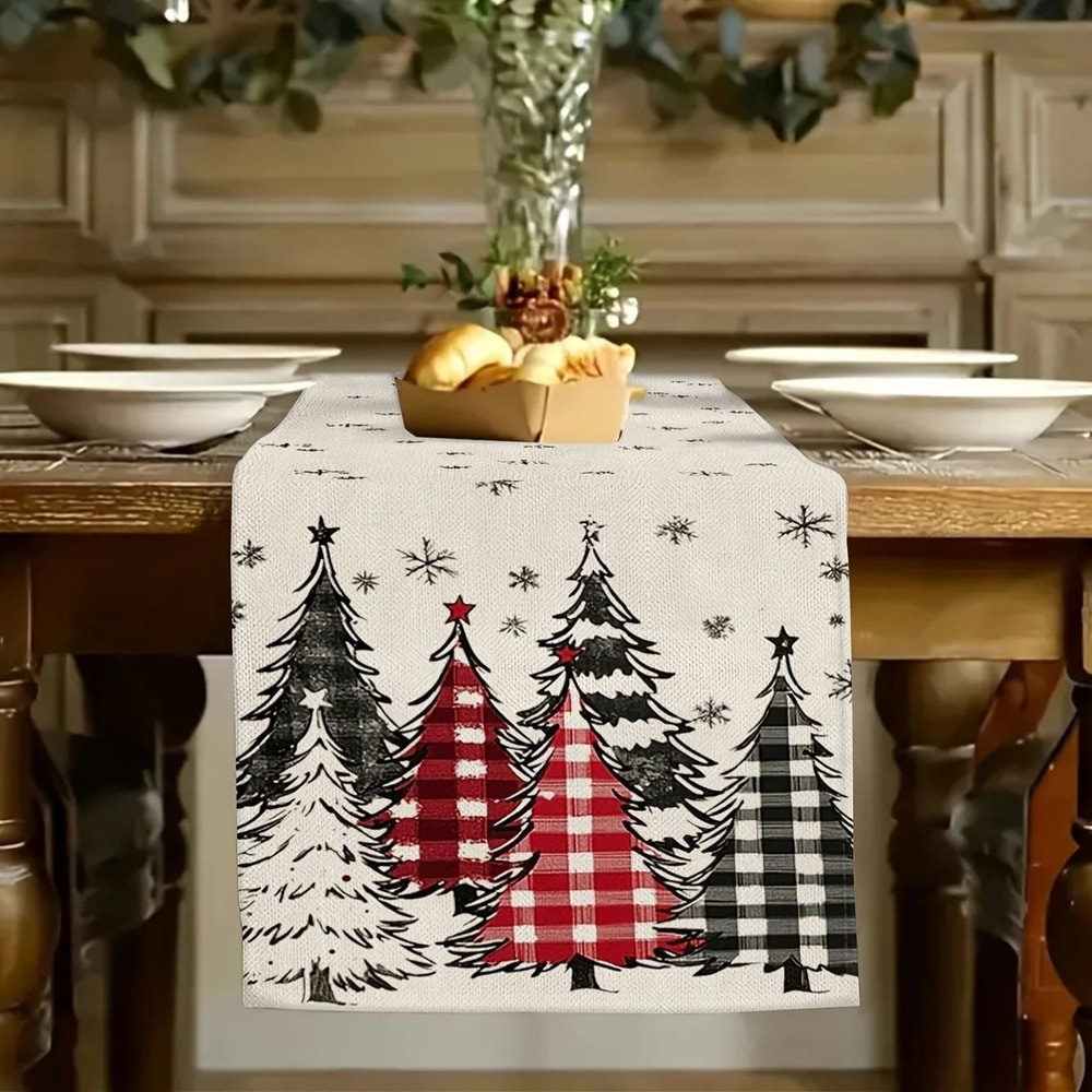 Retro Plaid Christmas Tree Table Runner Polyester Holiday Dining Decor Wintertime Seasonal Home D 1