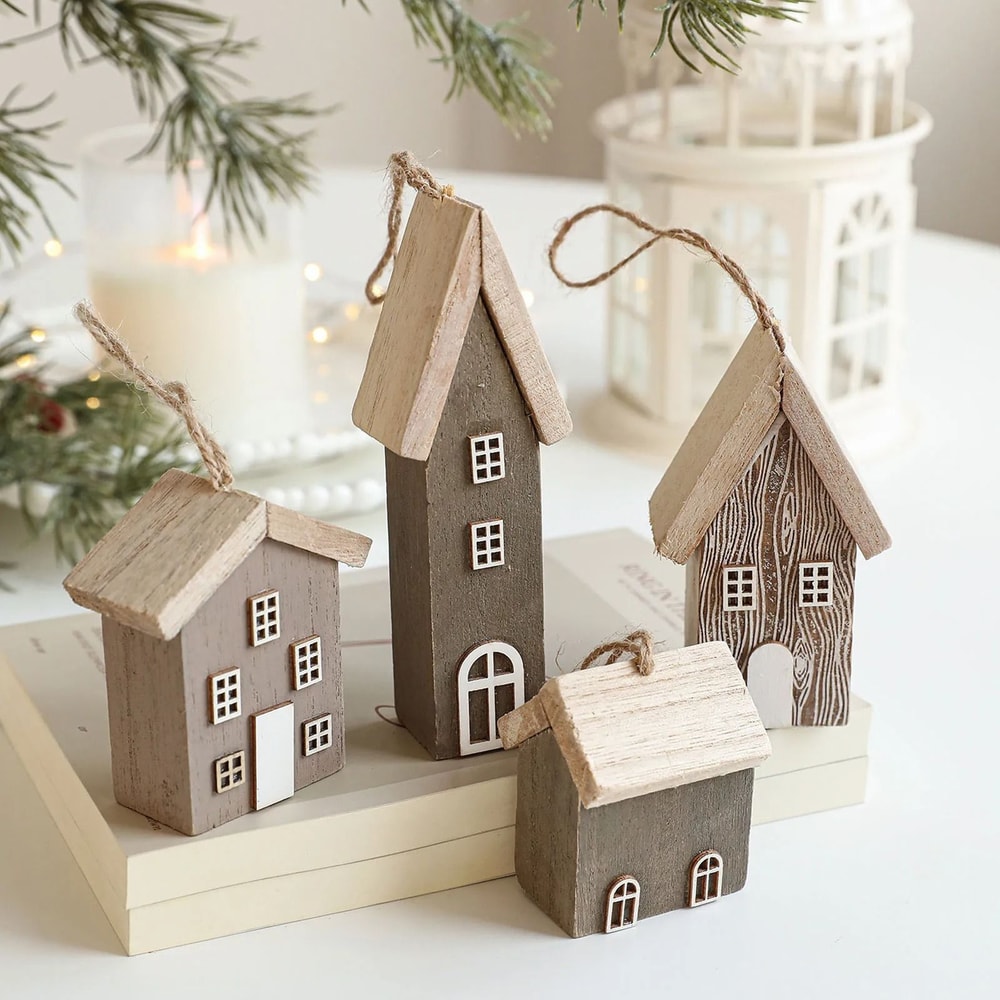 Wooden Christmas House Pendant Handcrafted Small Log House Ornament For Christmas Tree Creative H 0