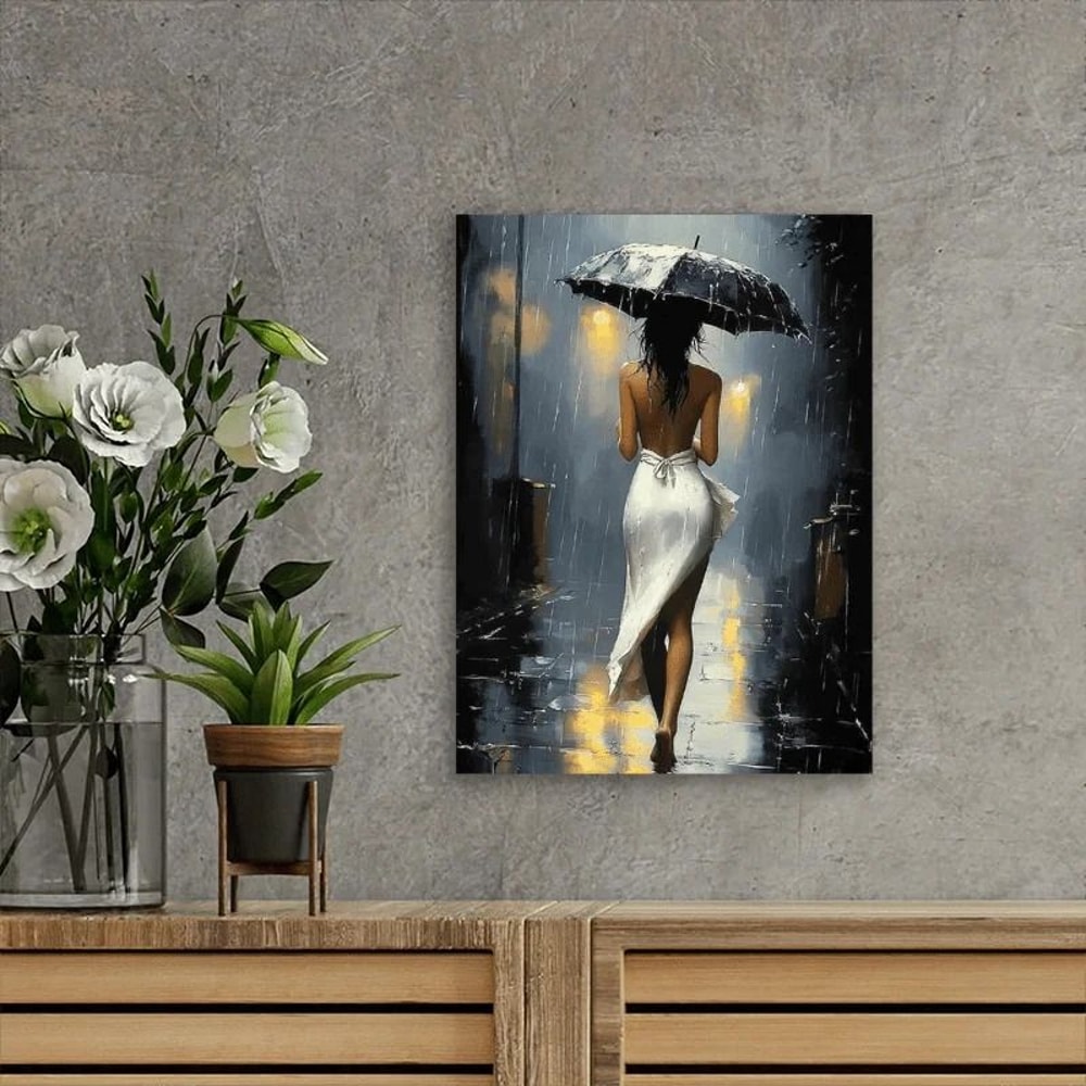 Romantic Rainy Night Canvas Art Framed Umbrella Street Scene For Living Room Bedroom Dec 4