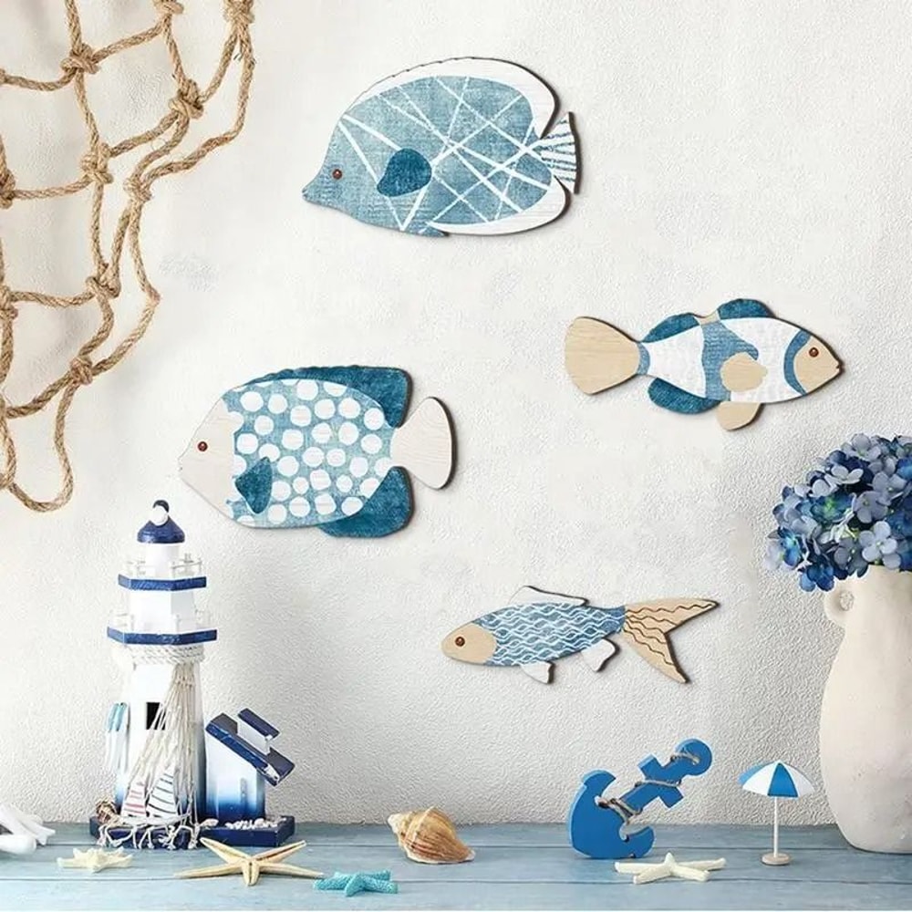 4Piece Coastal Wooden Fish Wall Decoration Vintage Nautical Sculptures For Indoor Outdoor Beach H 3