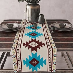 aztec ethnic tribal style linen table runner – boho abstract geometric texture for kitchen, party & dining table decor