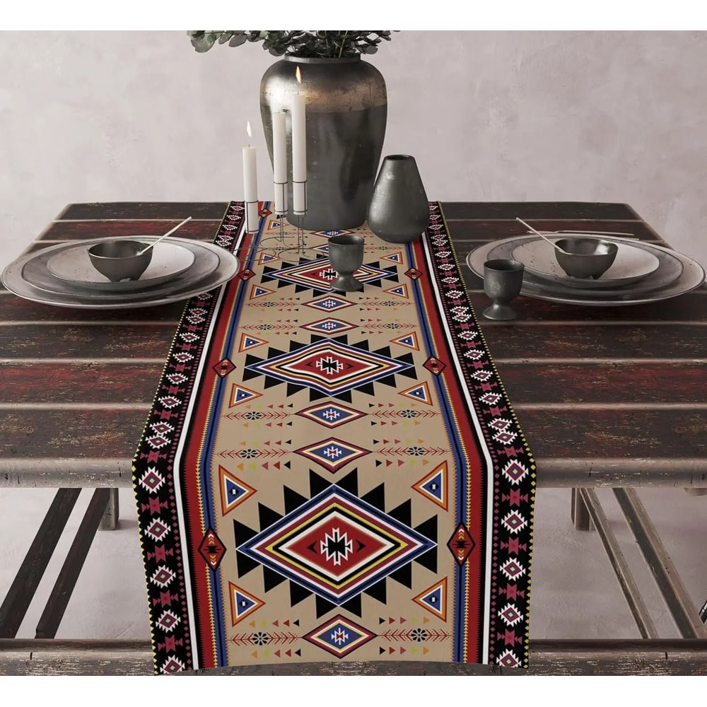 Aztec Ethnic Tribal Style Linen Table Runner Boho Abstract Geometric Texture For Kitchen Party Di 9