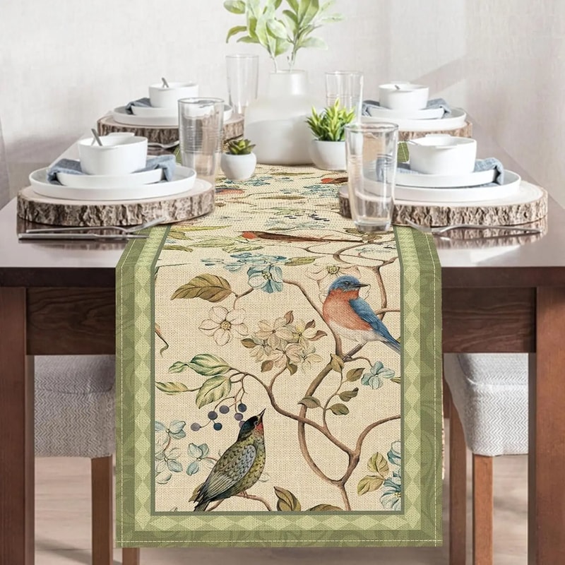 Vintage Flowers Birds Linen Table Runner Romantic Botanical Holiday Party Decor Farmhouse Summer 1
