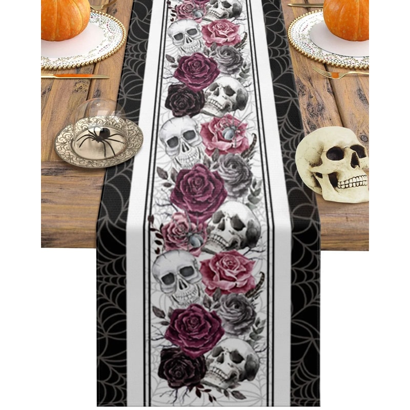 Halloween Gothic Skull Crow Table Runner Victorian Rose Linen Holiday Party Decor Reusable Dinin 0