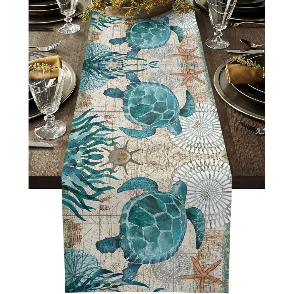 Nautical Sea Turtle Starfish Linen Table Runner Coastal Marine Dresser Scarf Farmhouse Kitchen T 6