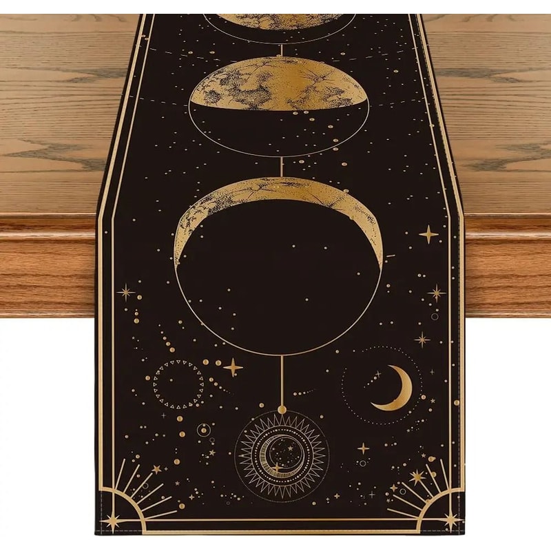 Astrology Moon Magic Linen Table Runner Mystical Gothic Dresser Scarf Celestial Holiday Party Dec 0