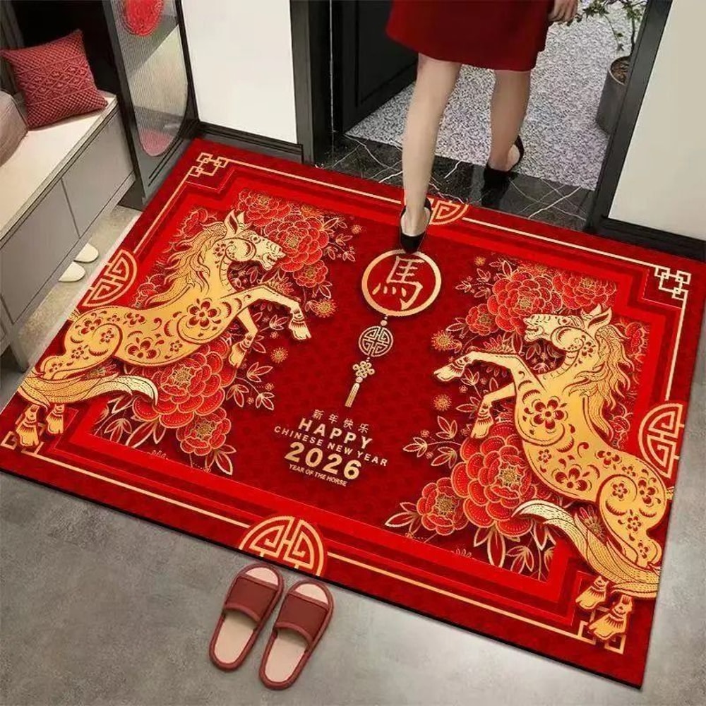 2026 Chinese New Year Year Of The Horse Carpet Mat Red Gold Running Horse And Peony Floral Festiv 0