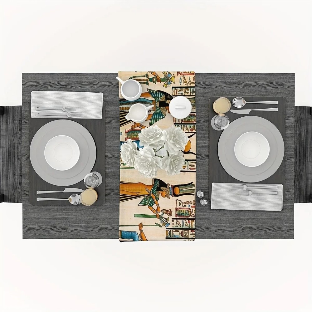 Ancient Egyptian Mural Linen Table Runner Ethnic Hieroglyphic Holiday Decorations Reusable Farmho 3
