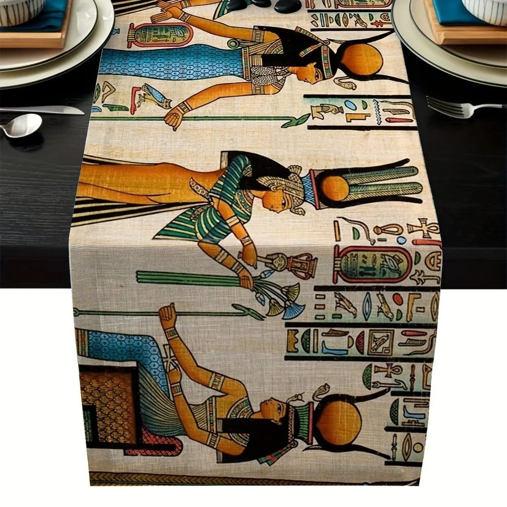 Ancient Egyptian Mural Linen Table Runner Ethnic Hieroglyphic Holiday Decorations Reusable Farmho 5