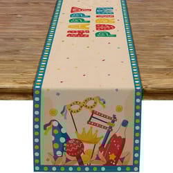 happy purim linen table runner – festive masquerade & jewish holiday carnival decor, reusable masque & crown dining tabl